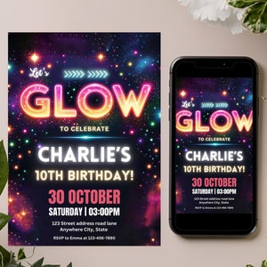 Editable Neon Glow Birthday Party Invitation Card Editable Template, Neon Lights Bright Birthday Invitation, Glow Crazy Birthday Mobile
