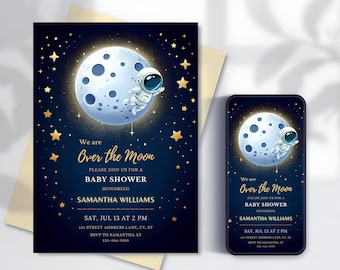 Invitation baby shower sur la lune : thème de l'espace, modèle canva modifiable (téléchargement numérique)