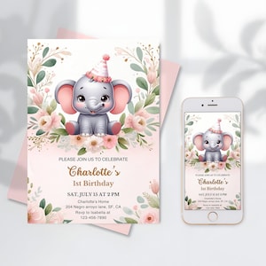 Modèle de carte d'invitation de fête d'anniversaire d'éléphant mignon d'anniversaire de fille modifiable, invitation d'anniversaire de fille, Evite mobile numérique, boho minimaliste