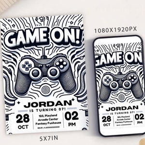 Modèle de carte d'invitation de fête d'anniversaire de jeu vidéo, invitation à une fête avec manette de jeu numérique, électronique Gamer Arcade Party Mobile Evite N&B