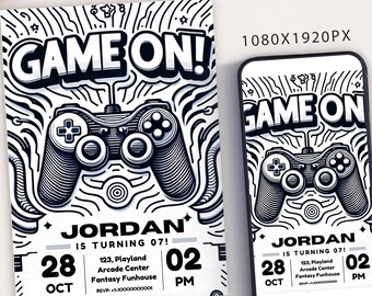 Può includere: Un invito in bianco e nero per una festa di compleanno a tema videogiochi. L'invito presenta un'illustrazione stilizzata di un controller per videogiochi e il testo "GAME ON!" L'invito è per il 7° compleanno di Jordan e include la data, l'ora e il luogo della festa.