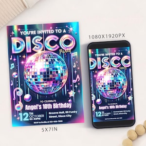 Bearbeitbare Disco Party Geburtstagseinladungskarte druckbare Vorlage, Neon Glow Geburtstag Digitale Vorlage Mobile, Neon Dance Partykarte, evite