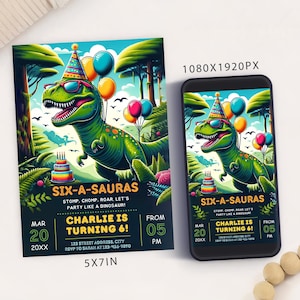 Bewerkbare Six-a-Sauras zesde verjaardag uitnodigingskaartsjabloon, dinosaurus verjaardagsuitnodiging, elektronische jongen 6e verjaardag mobiele Evite
