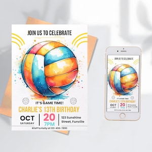 Modelo de cartão de convite de festa de aniversário com tema de vôlei editável, convite de aniversário de vôlei digital, aniversário de esportes eletrônicos para celular