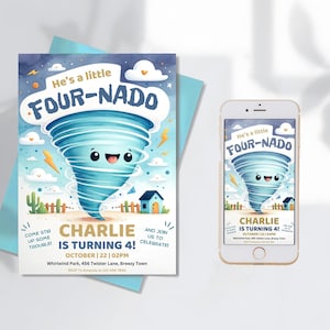Bearbeitbare Fournado-Geburtstagsfeier-Einladungskartenvorlage, vierter Geburtstag einladen, Tornado-Einladung zum 4. Geburtstag, 4 Jahre alte mobile Evite