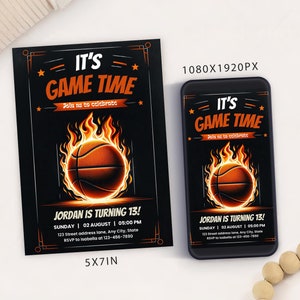 Modèle de carte d'invitation de fête d'anniversaire sur le thème du basket-ball modifiable, invitation numérique d'anniversaire de basket-ball, mobile d'anniversaire de sport électronique