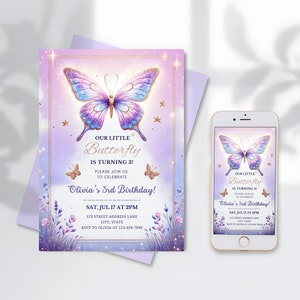 Vlinder verjaardagsfeestje uitnodiging voor meisje, digitale sjabloon, elektronische aquarel baby vlinder digitale verjaardag mobiele evite, kussen
