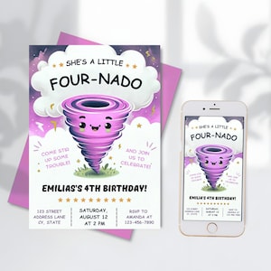 Modèle de carte modifiable d'invitation de fête d'anniversaire de fille Fournado, invitation de quatrième anniversaire, invitation de 4e anniversaire de tornade, mobile de 4 ans