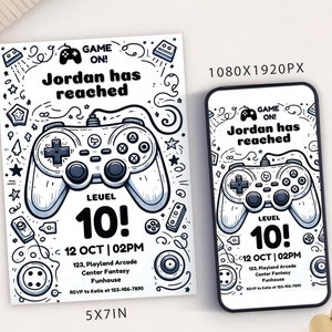 Modèle de carte d'invitation de fête d'anniversaire de jeu vidéo, invitation à une fête avec manette de jeu numérique, électronique Gamer Arcade Party Mobile Evite N&B