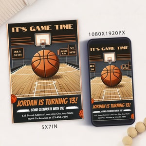 Modèle de carte d'invitation de fête d'anniversaire sur le thème du basket-ball modifiable, invitation numérique d'anniversaire de basket-ball, mobile d'anniversaire de sport électronique