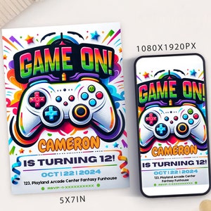 Modèle de carte d'invitation de fête d'anniversaire de jeu vidéo, invitation de partie de contrôleur de jeu numérique, jeu électronique sur mobile Evite de partie d'arcade