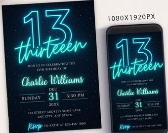 Editable 13th Birthday Party Invitation Template: Teen Boy Evite (Digital)