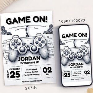 Modèle de carte d'invitation de fête d'anniversaire de jeu vidéo, invitation à une fête avec manette de jeu numérique, électronique Gamer Arcade Party Mobile Evite N&B