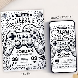 Modèle de carte d'invitation de fête d'anniversaire de jeu vidéo, invitation à une fête avec manette de jeu numérique, électronique Gamer Arcade Party Mobile Evite N&B