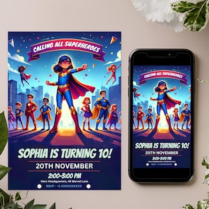 Modèle modifiable de toile de carte d'invitation de fête d'anniversaire de super-héros de filles, carte d'invitation d'anniversaire de super-héros de fille, evite mobile d'anniversaire numérique