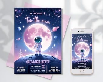 May include: A pink and blue birthday invitation with a cartoon astronaut standing on the moon. The text reads "We're off to the moon" and "Scarlett is turning 2".
