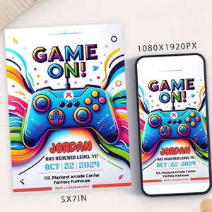 Modèle de carte d'invitation de fête d'anniversaire de jeu vidéo, invitation de partie de contrôleur de jeu numérique, jeu électronique sur mobile Evite de partie d'arcade