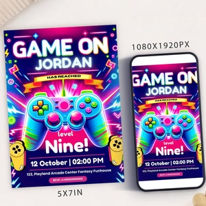 Modèle de carte d'invitation de fête d'anniversaire de jeu vidéo, invitation de partie de contrôleur de jeu numérique, jeu électronique sur mobile Evite de partie d'arcade