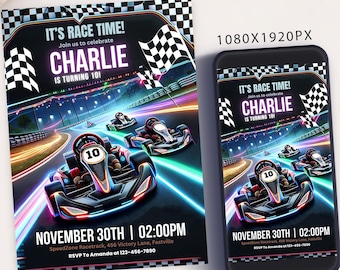 May include: A birthday invitation for a 10-year-old boy's go-kart racing party. The invitation features a black and white checkered flag, a neon green and blue race track, and a go-kart with the number 10 on it. The text on the invitation reads "It's Race Time! Join us to celebrate Charlie is turning 10!" and includes the date and time of the party. The invitation is 5x7 inches.