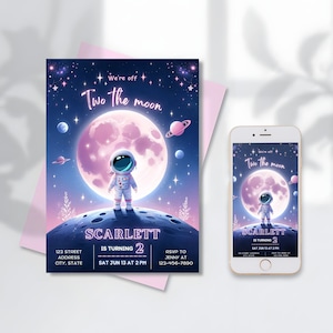 Modèle de carte modifiable d'invitation de fête d'anniversaire de fille deux la lune, invitation de deuxième anniversaire de fille, invitation de 2e anniversaire de l'espace