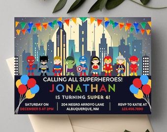 Editable Superhero birthday party invitation card template, digital superhero kids' birthday invitation card, printable superhero birthday