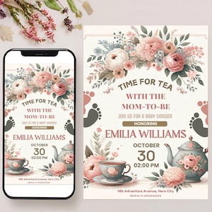 Modelo de convite para chá de bebê editável, chá com futura mamãe Floral Caprichoso Elegante chá de bebê Mobile Evite