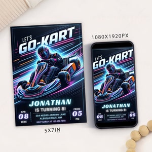 Bearbeitbare Go Kart-Geburtstagsfeier-Einladungskartenvorlage, digitale Go Kart-Party einladen, elektronisches Go Kart Racing Mobile Evite