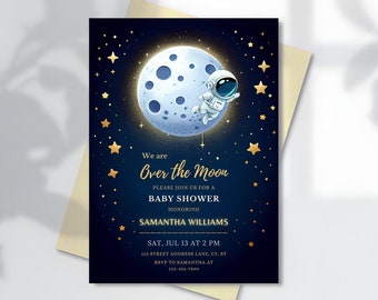 Invitation modifiable pour baby shower dans l'espace : thème astronaute (téléchargement numérique)