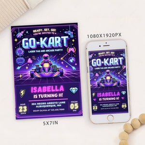 編集可能なガールズゴーカート、レーザータグ＆アーケードパーティー招待状テンプレート、デジタル誕生日パーティー招待状、電子モバイル招待状