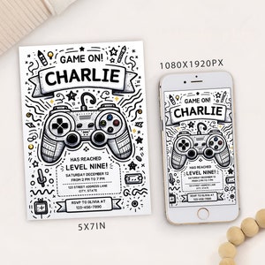Modèle de carte d'invitation de fête d'anniversaire de jeu vidéo, invitation à une fête avec manette de jeu numérique, électronique Gamer Arcade Party Mobile Evite N&B