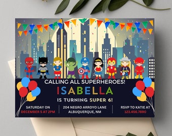 Editable Girl Superhero birthday party invitation card template, digital superhero kids' birthday invitation card, printable superhero