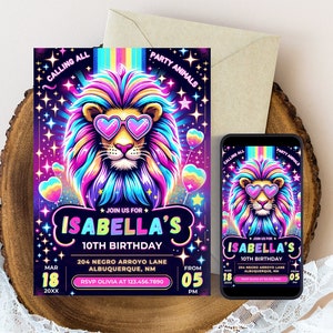 Tarjeta de invitación de fiesta de cumpleaños de animales de fiesta de Safari editable, Invitación de cumpleaños de animales de safari imprimible digital, Invitación móvil de cumpleaños de León