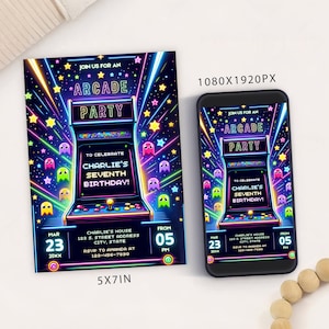 Arcade Birthday Party Invitation: Neon Lights, Editable Template (Digital)