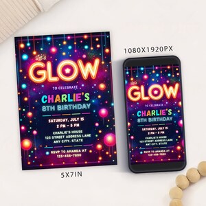 Editable Neon Glow Birthday Party Invitation Card Editable Template, Neon Lights Bright Birthday Invitation, Glow Crazy Birthday Mobile