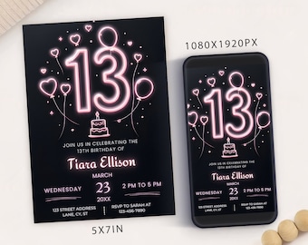 Modello modificabile per invito al 13° compleanno: festa per ragazze adolescenti (digitale)