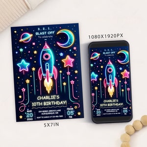 Bewerkbare Outer Space Galaxy verjaardagsfeestje uitnodiging kaartsjabloon, Neon uit de wereld verjaardagsuitnodiging, Outer Space Mobile Evite