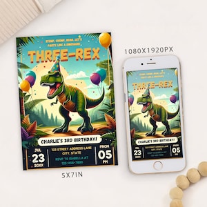 Bearbeitbare drei Rex dritte Geburtstagsparty Einladungskartenvorlage, digitale Dinosaurier-Geburtstagseinladung, elektronischer Junge 3. Geburtstag Mobile Evite