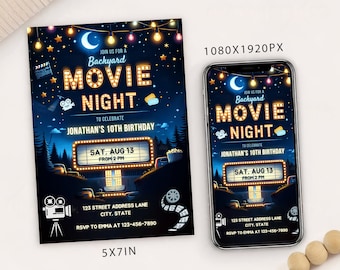 Editable Backyard Movie Night Birthday Party Invitation Card Template, Digital Cinema Birthday Party Invite, Electronic Movie Party Evite