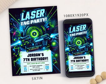 Editable Laser Tag Birthday Party Invitation Card Printable Template, Neon Glow Birthday Digital Template Mobile, Neon laser party card
