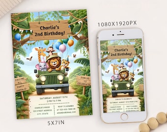 Editable Safari Birthday Invitation: Jungle Animals Evite (Digital Printable)