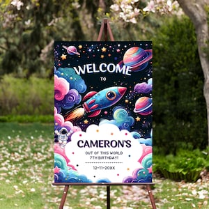 Girl Two the Moon Birthday Welcome Sign: Outer Space Theme (24x36 inch)