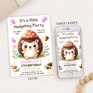 Modèle de carte d'invitation de fête d'anniversaire filles hérisson modifiable, invitation de fête d'enfants chat numérique, Evite mobile électronique petit hérisson