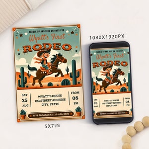 Editable First Rodeo Birthday Invitation: Wild West Cowboy Evite (Digital)