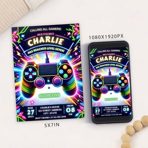 Modèle de carte d'invitation à une fête d'anniversaire de jeu vidéo, invitation à une fête avec manette de jeu numérique, jeu électronique Arcade Party Mobile Evite