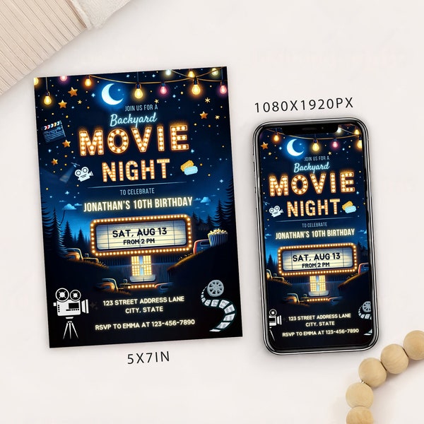 Editable Backyard Movie Night Birthday Party Invitation Card Template, Digital Cinema Birthday Party Invite, Electronic Movie Party Evite