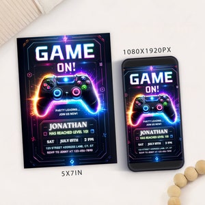 Videospiel-Geburtstagsfeier-Einladungskartenvorlage, Digital Gaming Controller Party einladen, elektronische RGB Gamer Arcade Party Mobile Evite