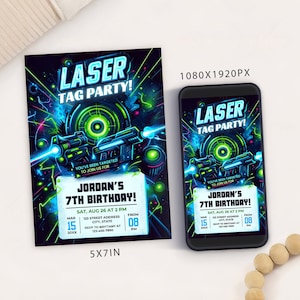 Modello stampabile, biglietto d’invito per festa di compleanno con tag laser modificabile, modello digitale per compleanno con bagliore al neon, cellulare, biglietto laser per festa al neon