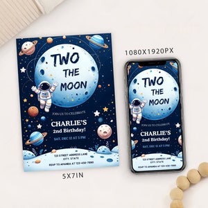 Modèle de carte modifiable d'invitation à une fête d'anniversaire de la lune, deuxième anniversaire garçon, invitation espace extra-atmosphérique, 2 ans