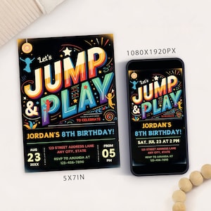 Bearbeitbare Jump-Geburtstagsfeier-Einladungskartenvorlage, Digital-Trampolin-Party-Hüpf-Haus-Geburtstags-Einladung, elektronisches Mobile Evite