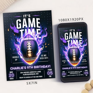Plantilla de tarjeta de invitación para fiesta de cumpleaños con temática de fútbol editable, invitación de cumpleaños de fútbol digital morado, cumpleaños de deportes electrónicos para dispositivos móviles